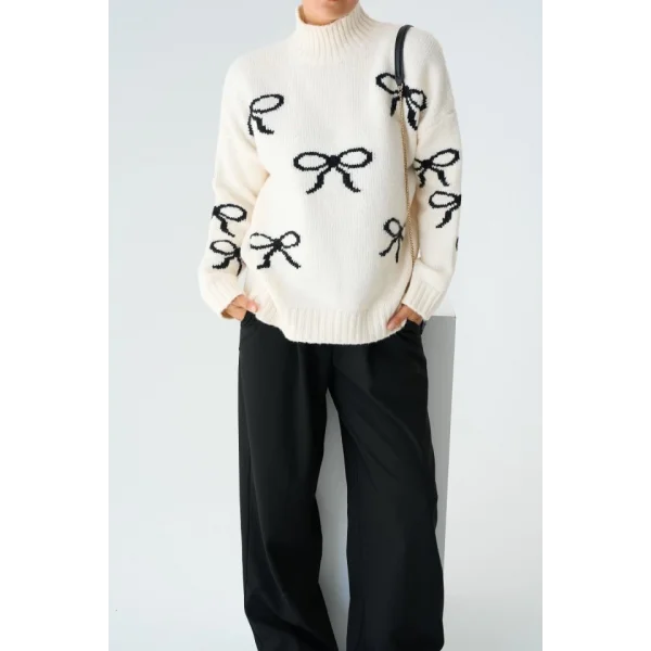 Yarım Balıkçı Triko Kazak  KremSiyah