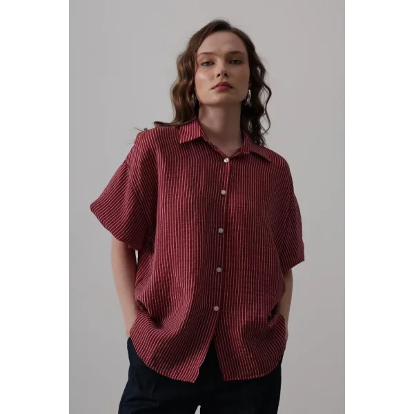 Yarım Balon Kol Çizgili Gömlek - Bordo