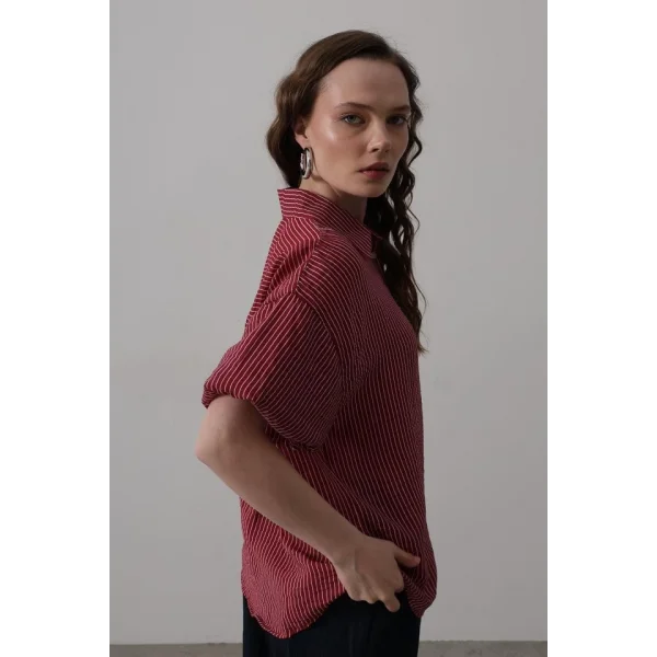 Yarım Balon Kol Çizgili Gömlek - Bordo