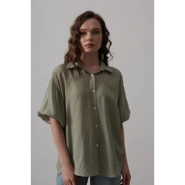 Yarım Balon Kol Çizgili Gömlek - Haki