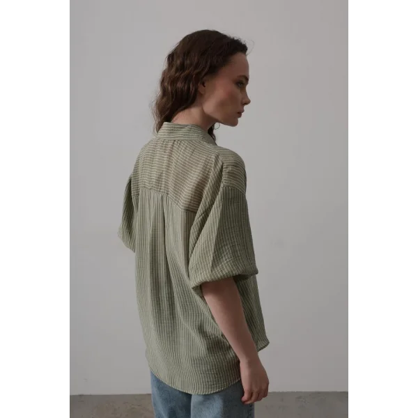 Yarım Balon Kol Çizgili Gömlek - Haki