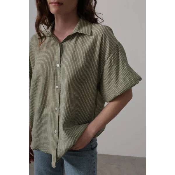 Yarım Balon Kol Çizgili Gömlek - Haki