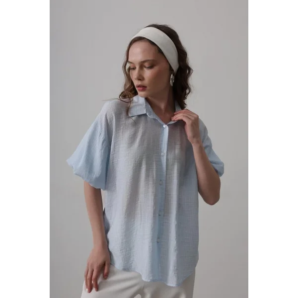 Yarım Balon Kol Çizgili Gömlek - Mavi