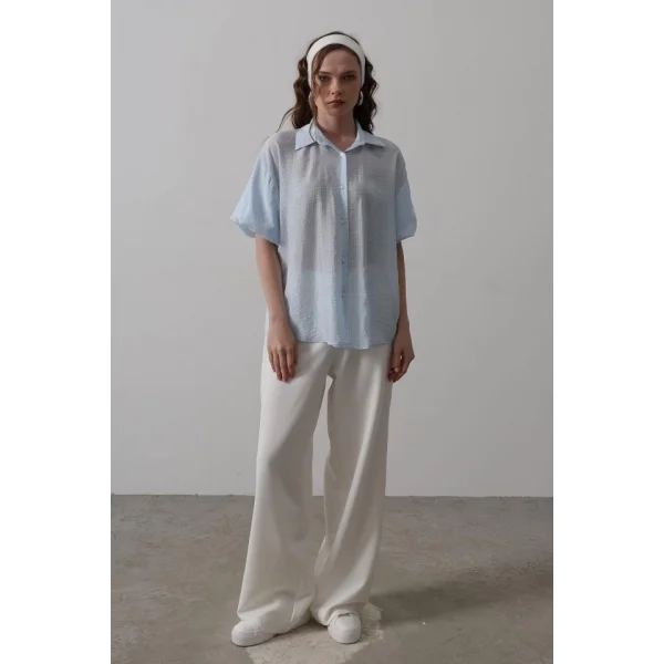 Yarım Balon Kol Çizgili Gömlek - Mavi