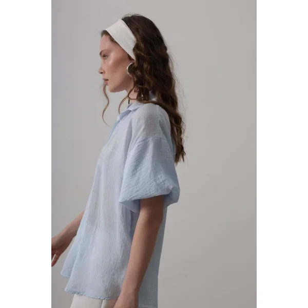 Yarım Balon Kol Çizgili Gömlek - Mavi