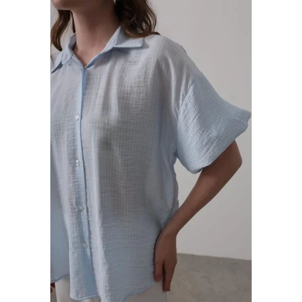 Yarım Balon Kol Çizgili Gömlek - Mavi