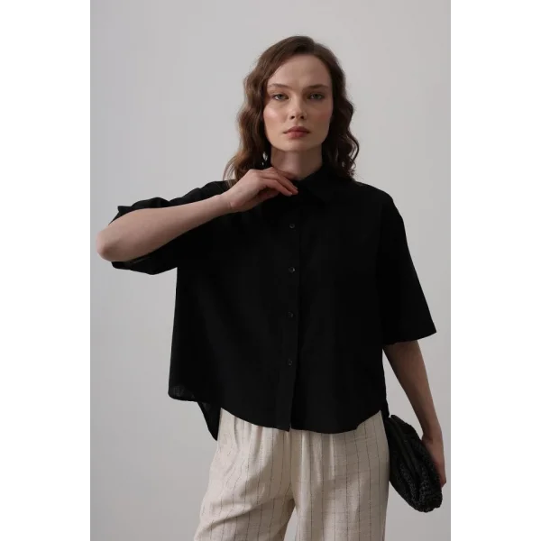 Yarım Balon Kol Çizgili Gömlek - Siyah