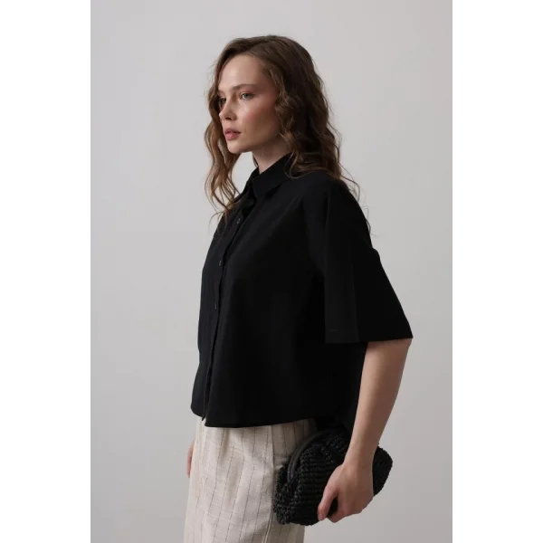 Yarım Balon Kol Çizgili Gömlek - Siyah