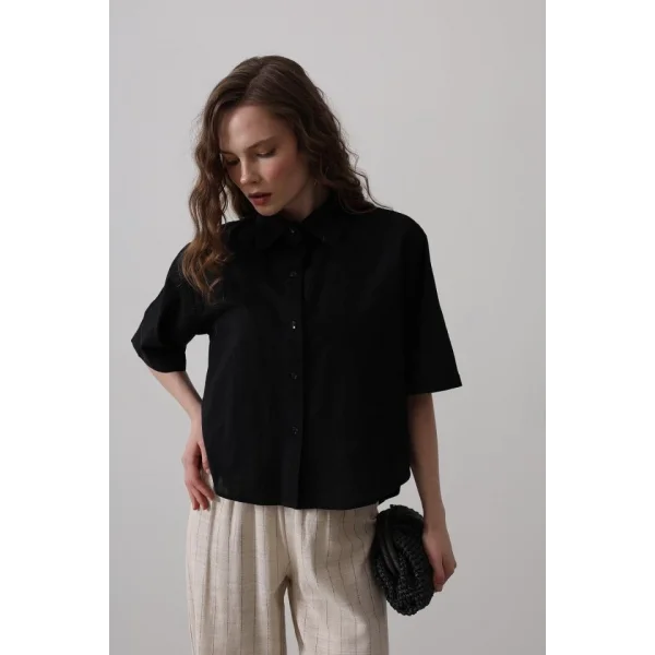 Yarım Balon Kol Çizgili Gömlek - Siyah