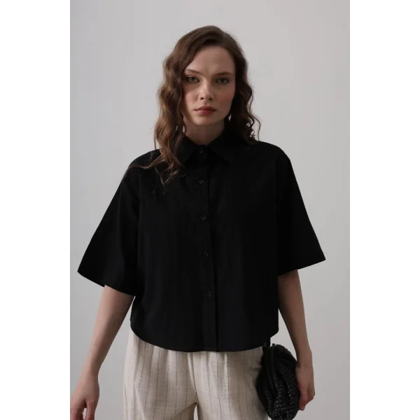 Yarım Balon Kol Çizgili Gömlek - Siyah