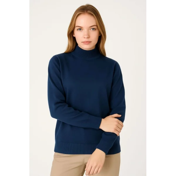 Yarım Boğaz Triko Kazak Yumuşak Dokulu Pamuklu Ince Dokuma, Uzun Kollu Rahat Regular Kalıp - Lacivert