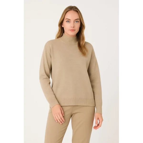 Yarım Boğaz Triko Kazak Yumuşak Dokulu Pamuklu Ince Dokuma, Uzun Kollu Rahat Regular Kalıp - Bej