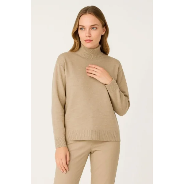 Yarım Boğaz Triko Kazak Yumuşak Dokulu Pamuklu Ince Dokuma, Uzun Kollu Rahat Regular Kalıp - Bej