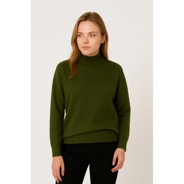 Yarım Boğaz Triko Kazak Yumuşak Dokulu Pamuklu Ince Dokuma, Uzun Kollu Rahat Regular Kalıp - Haki