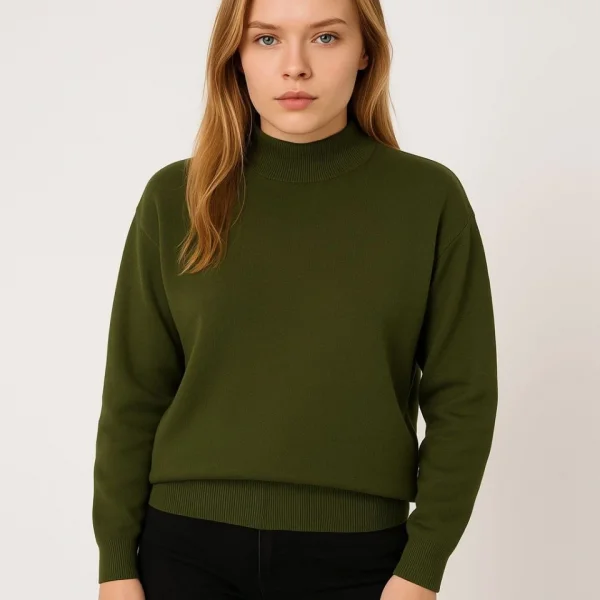 Yarım Boğaz Triko Kazak Yumuşak Dokulu Pamuklu Ince Dokuma, Uzun Kollu Rahat Regular Kalıp - Haki