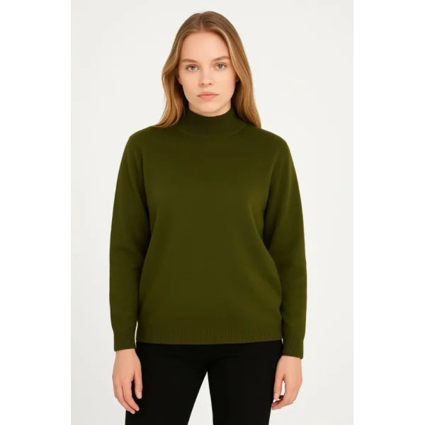 Yarım Boğaz Triko Kazak Yumuşak Dokulu Pamuklu Ince Dokuma, Uzun Kollu Rahat Regular Kalıp - Haki