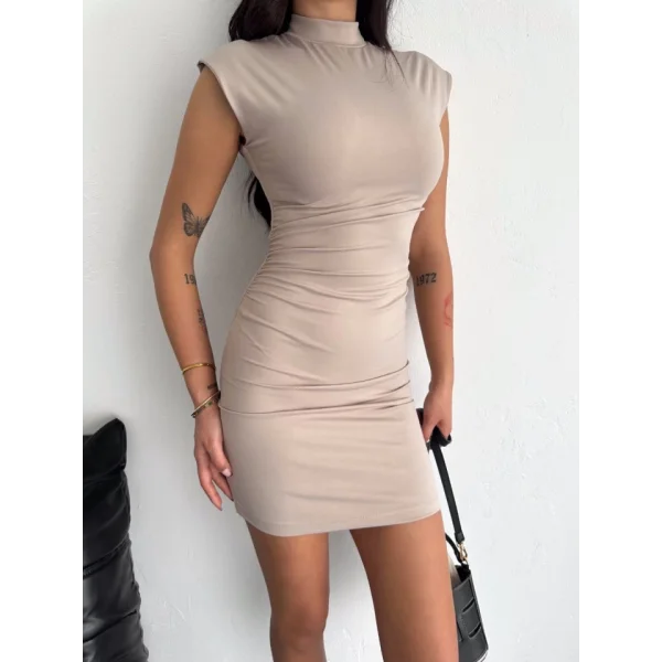 Yarım Bogazlı Kolsuz ini Boy Elbise  Bej