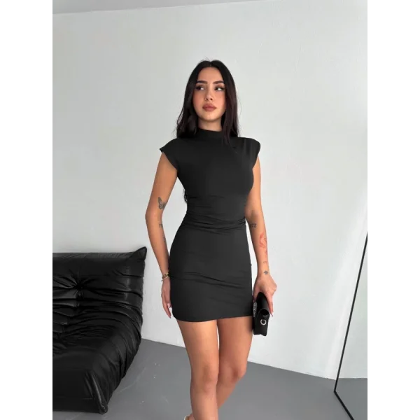 Yarım Bogazlı Kolsuz ini Boy Elbise  iyah