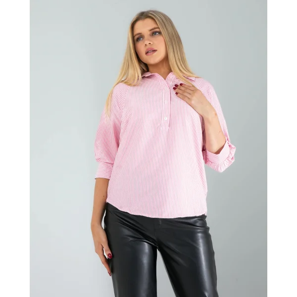 Yarım Düğme Pembe Çizgili Beyaz Gömlek
