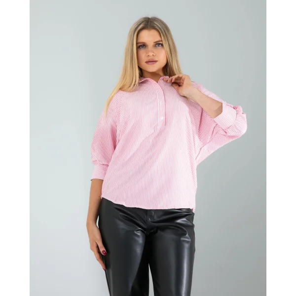 Yarım Düğme Pembe Çizgili Beyaz Gömlek