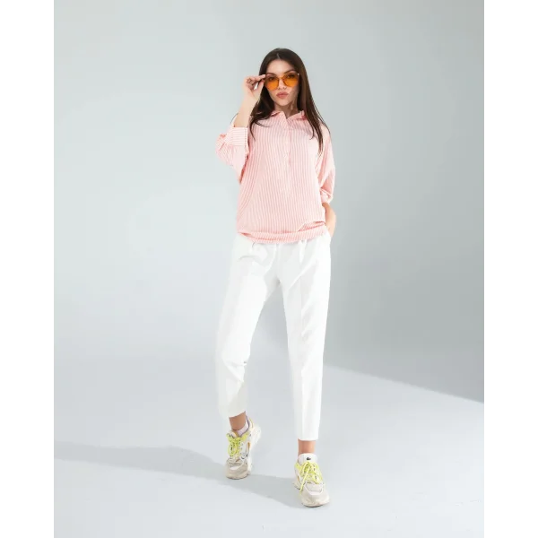 Yarım Düğme Turuncu Çizgili Beyaz Gömlek