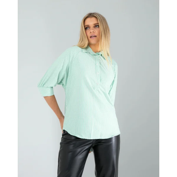 Yarım Düğme Yeşil Çizgili Beyaz Gömlek