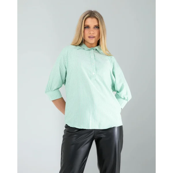 Yarım Düğme Yeşil Çizgili Beyaz Gömlek