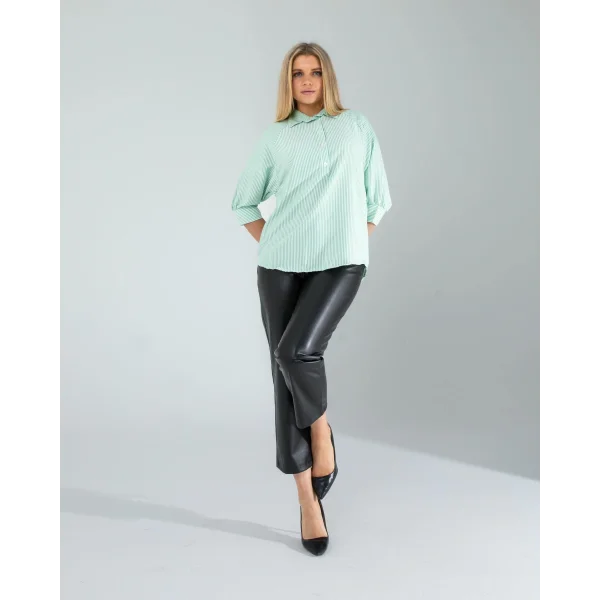 Yarım Düğme Yeşil Çizgili Beyaz Gömlek