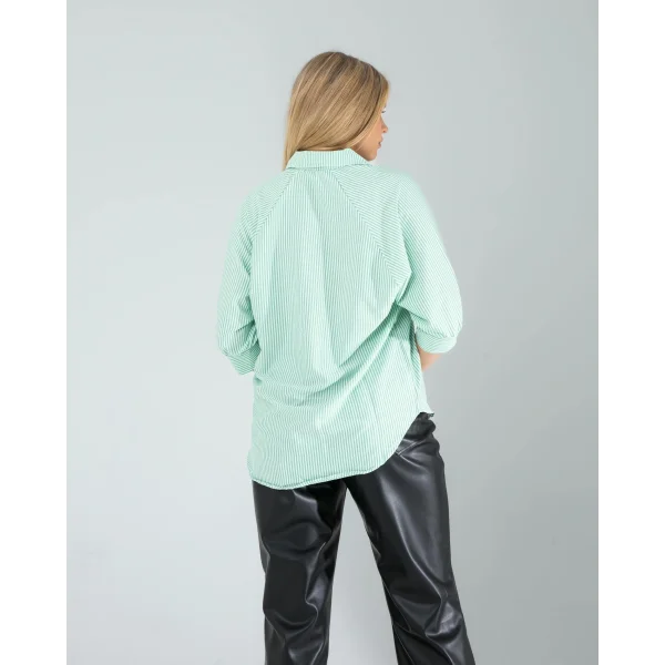 Yarım Düğme Yeşil Çizgili Beyaz Gömlek