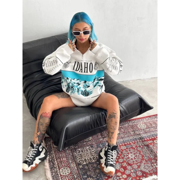 Yarım Fermuarlı Oversize Baskılı weathirt  Beyaz