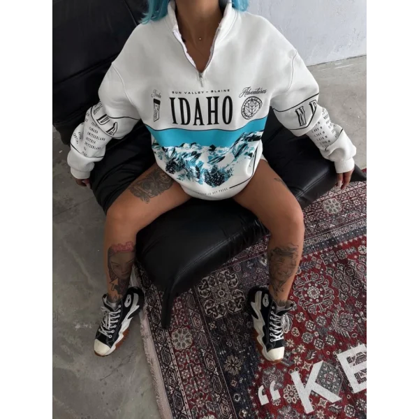 Yarım Fermuarlı Oversize Baskılı weathirt  Beyaz