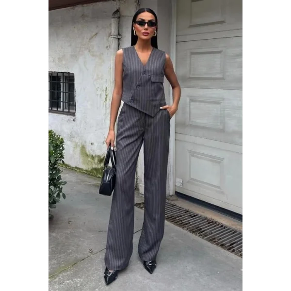 Yeleği Çapraz Detay Düğmeli Cepli Yelekli Takım 10150