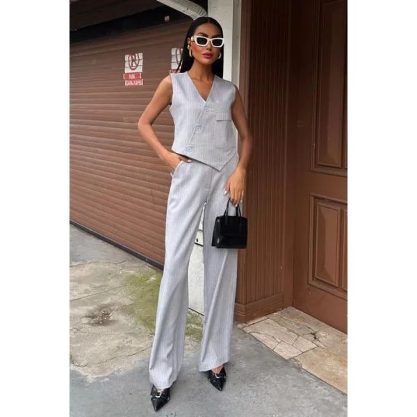 Yeleği Çapraz Detay Düğmeli Cepli Yelekli Takım 10150