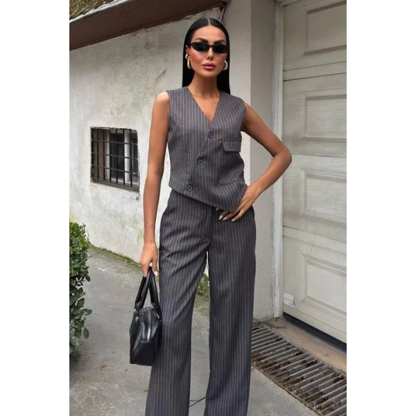 Yeleği Çapraz Detay Düğmeli Cepli Yelekli Takım 10150