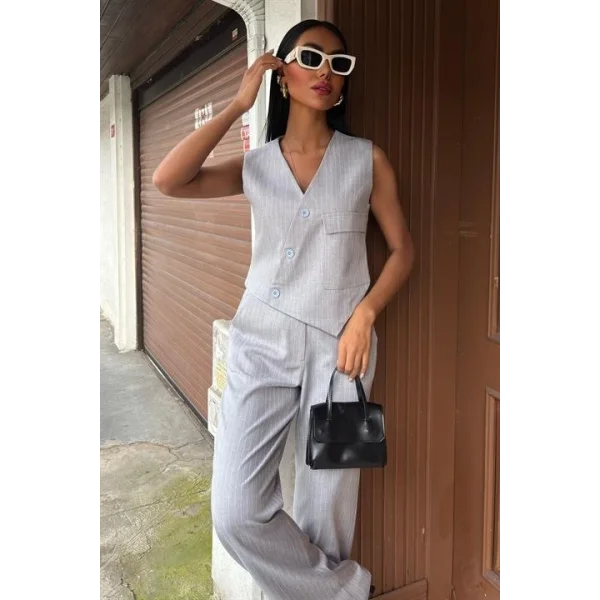 Yeleği Çapraz Detay Düğmeli Cepli Yelekli Takım 10150