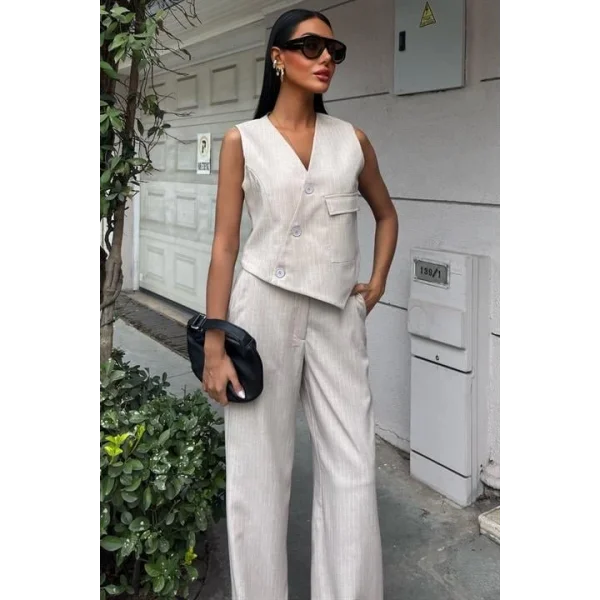 Yeleği Çapraz Detay Düğmeli Cepli Yelekli Takım 10150