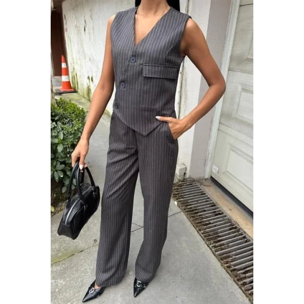 Yeleği Çapraz Detay Düğmeli Cepli Yelekli Takım 10150