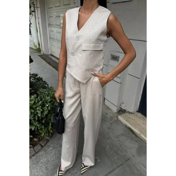 Yeleği Çapraz Detay Düğmeli Cepli Yelekli Takım 10150