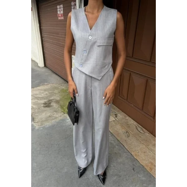 Yeleği Çapraz Detay Düğmeli Cepli Yelekli Takım 10150