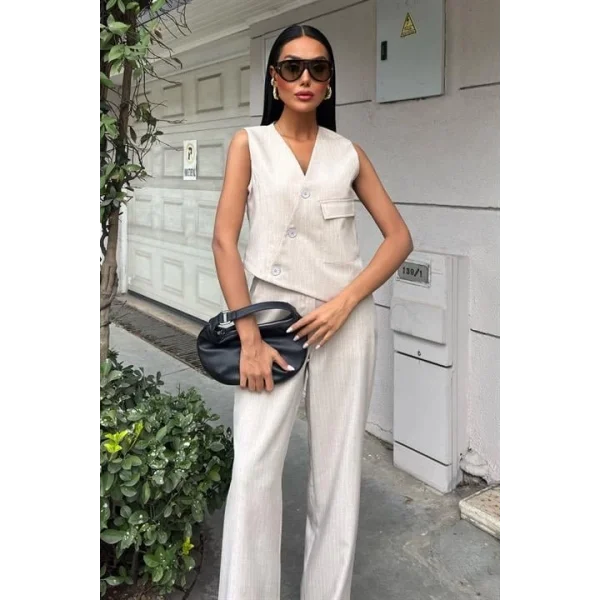 Yeleği Çapraz Detay Düğmeli Cepli Yelekli Takım 10150