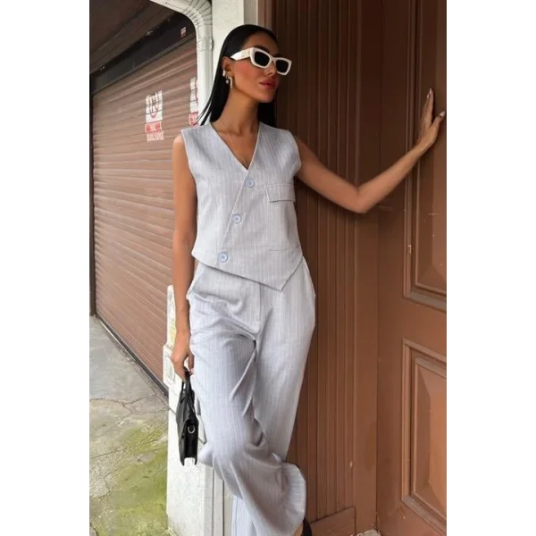 Yeleği Çapraz Detay Düğmeli Cepli Yelekli Takım 10150