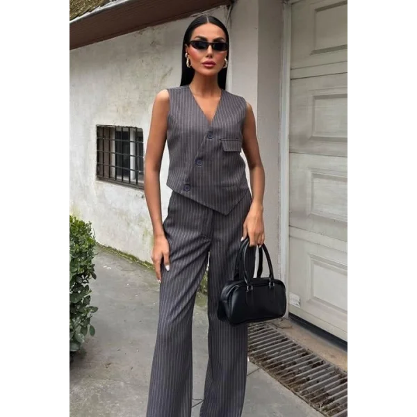 Yeleği Çapraz Detay Düğmeli Cepli Yelekli Takım 10150