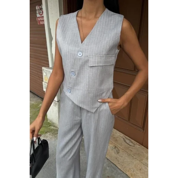 Yeleği Çapraz Detay Düğmeli Cepli Yelekli Takım 10150