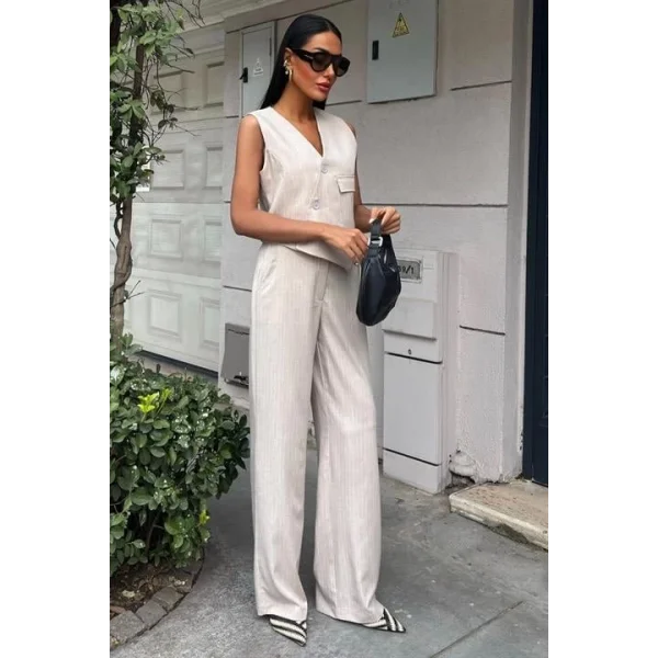 Yeleği Çapraz Detay Düğmeli Cepli Yelekli Takım 10150