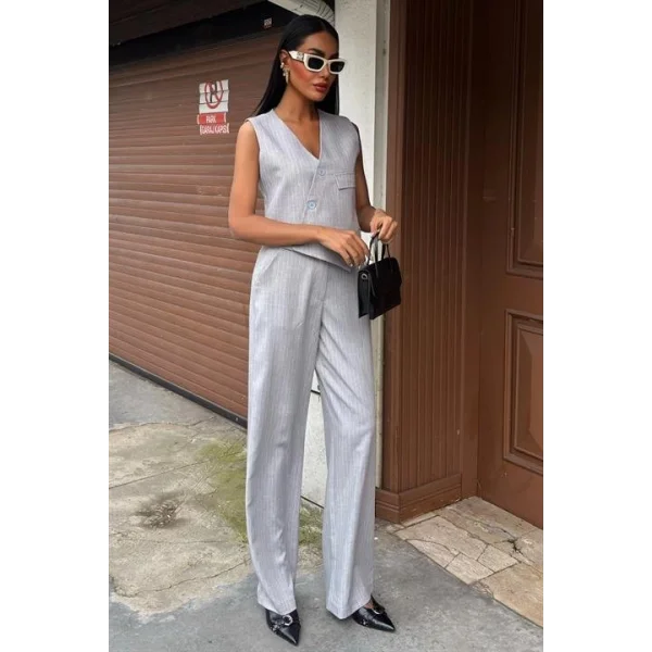 Yeleği Çapraz Detay Düğmeli Cepli Yelekli Takım 10150