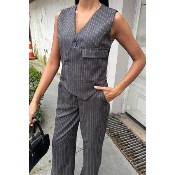 Yeleği Çapraz Detay Düğmeli Cepli Yelekli Takım 10150