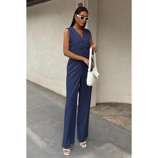 Yeleği Çapraz Detay Düğmeli Cepli Yelekli Takım 10150