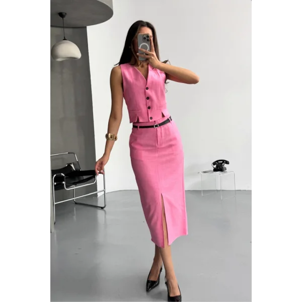 YELEK-ÖNDEN YIRTMAÇLI ETEK TK ŞANTUK KETEN - Pembe