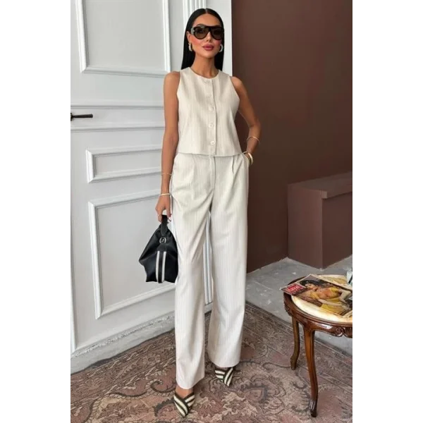 Yelek Plazzo Pantolon Çizgili Flamlı Poliviscon Takım 10178