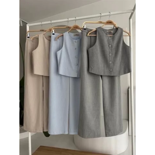 Yelek Plazzo Pantolon Çizgili Flamlı Poliviscon Takım 10178